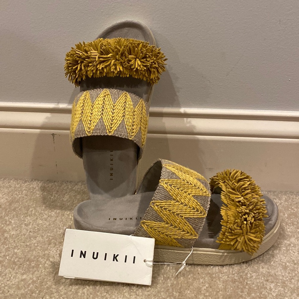 INUIKII Fringes Raffia Slide Sandles